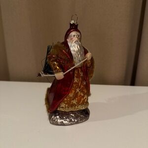 Vintage Style Mercury Glass Santa Claus Ornament with Bottle Brush Tree Red Gold